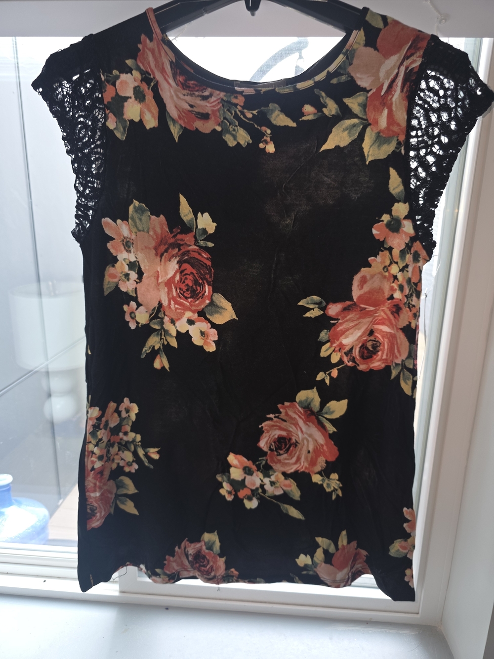 Loveappella Black Floral Tank with Lace Cap Sleeves